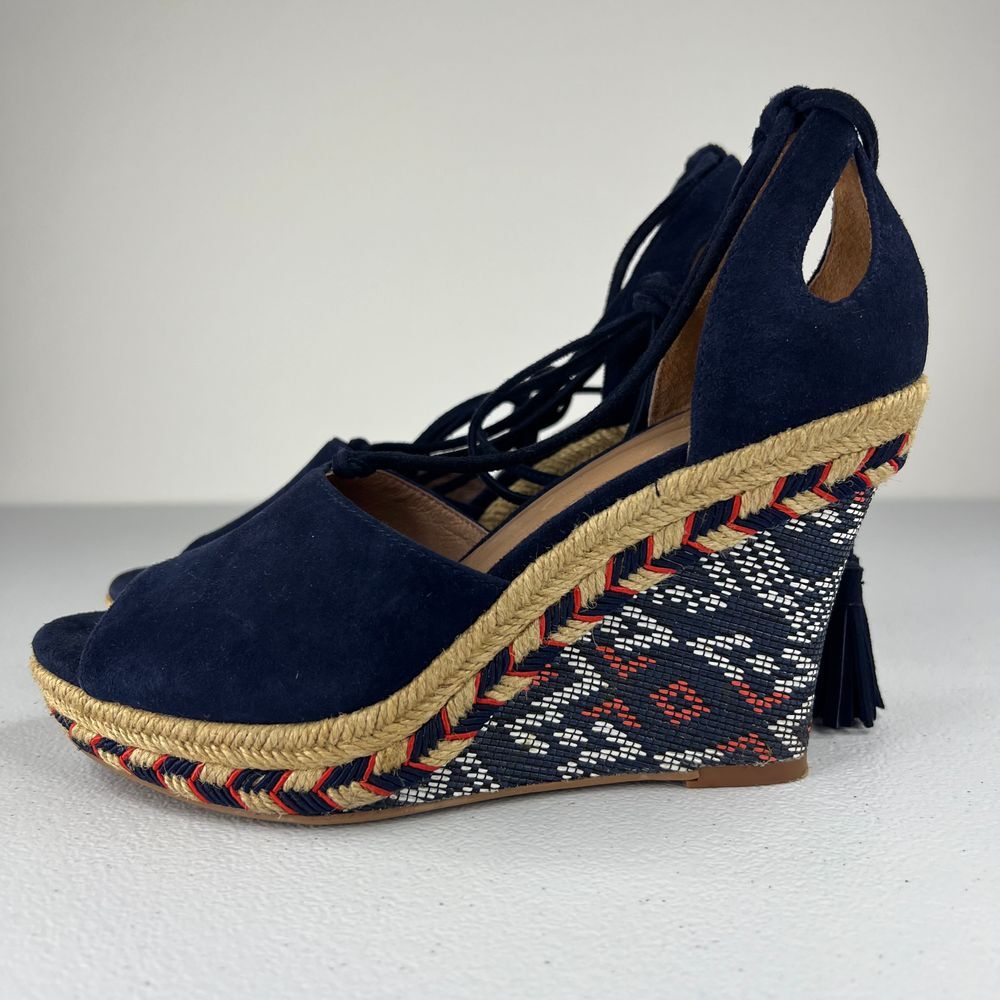 Cabi Isla Espadrille Wedge Sandal Navy Blue Suede Ankle Tie Up Tassels Western 6 - Picture 11 of 13